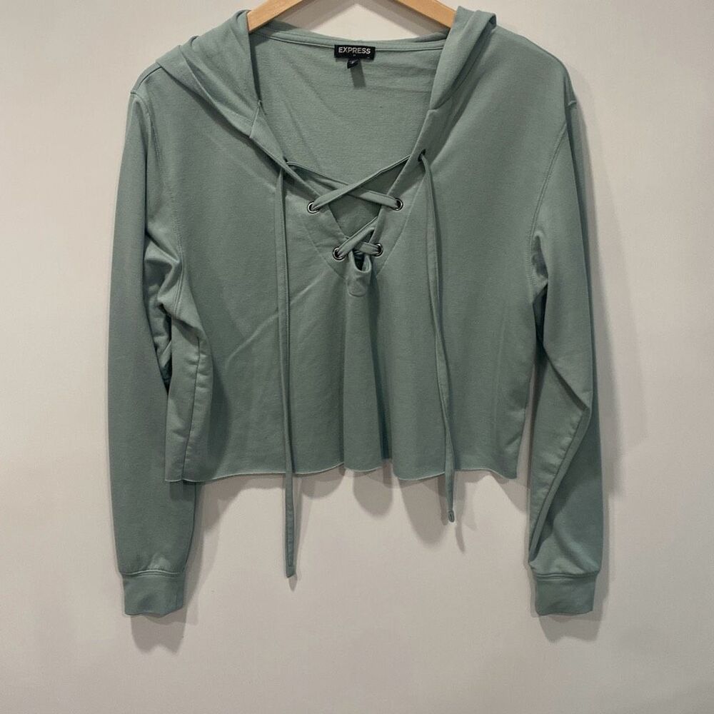 Express Lace-Up Crop Hoodie Sweatshirt Sage S